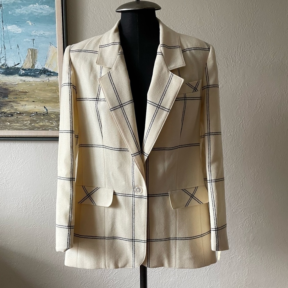 Nwt vintage 1980s 100% wool cream blazer with black stripes size 8